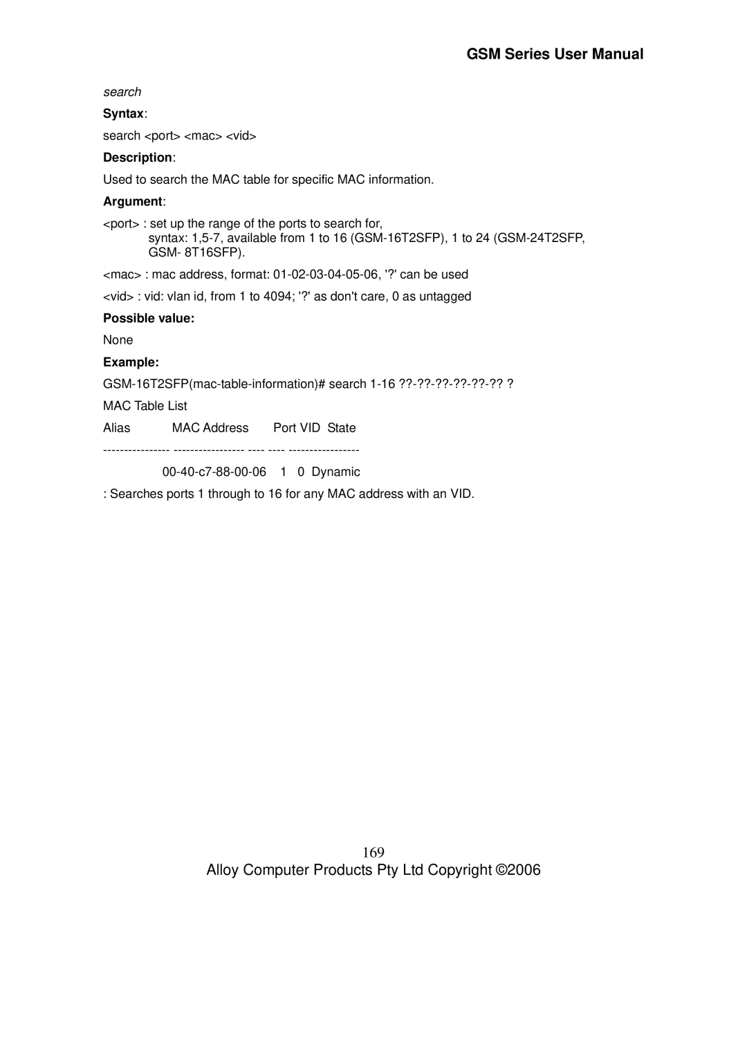 Alloy Computer Products GSM-16T2SFP, GSM-24T2SFP, GSM-8T16SFP user manual 169, Search 