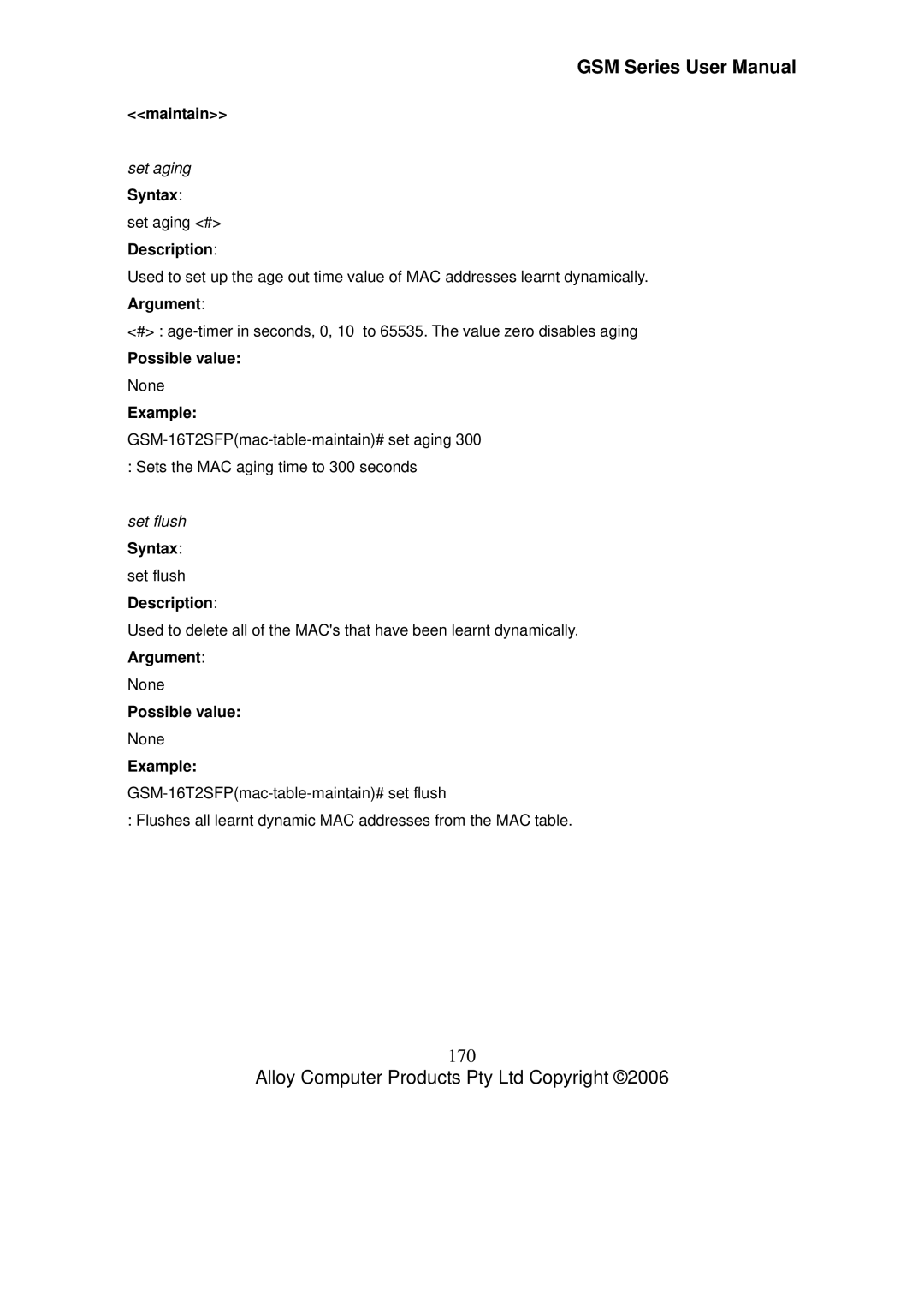Alloy Computer Products GSM-24T2SFP, GSM-8T16SFP 170, Maintain, Set aging Syntax, Set flush Syntax set flush Description 