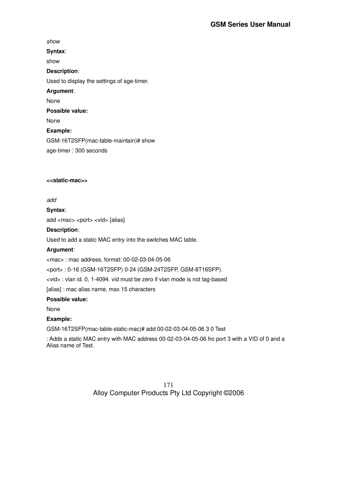 Alloy Computer Products GSM-8T16SFP, GSM-24T2SFP, GSM-16T2SFP user manual 171, Static-mac 