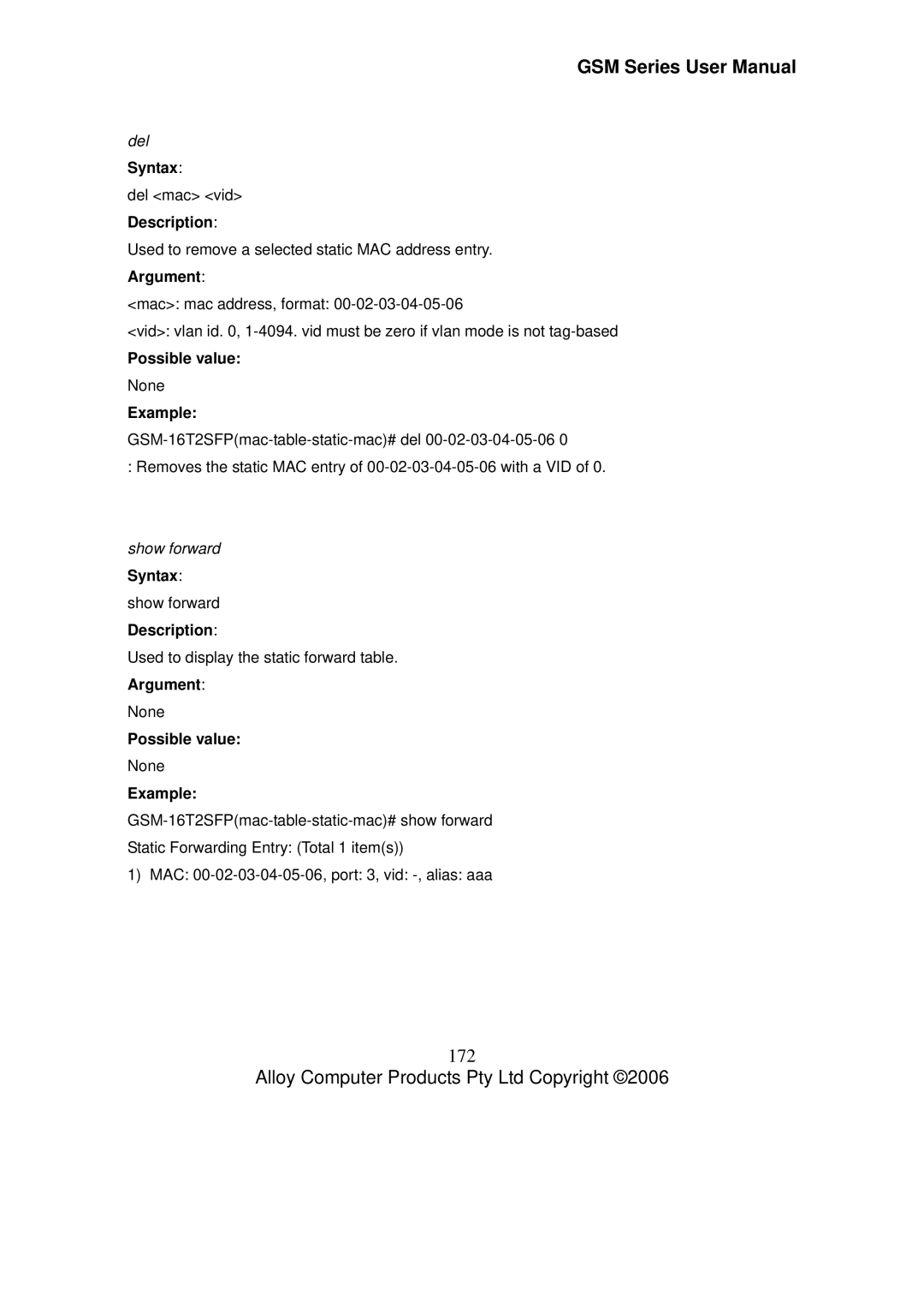 Alloy Computer Products GSM-16T2SFP, GSM-24T2SFP, GSM-8T16SFP user manual 172, Show forward Syntax show forward Description 