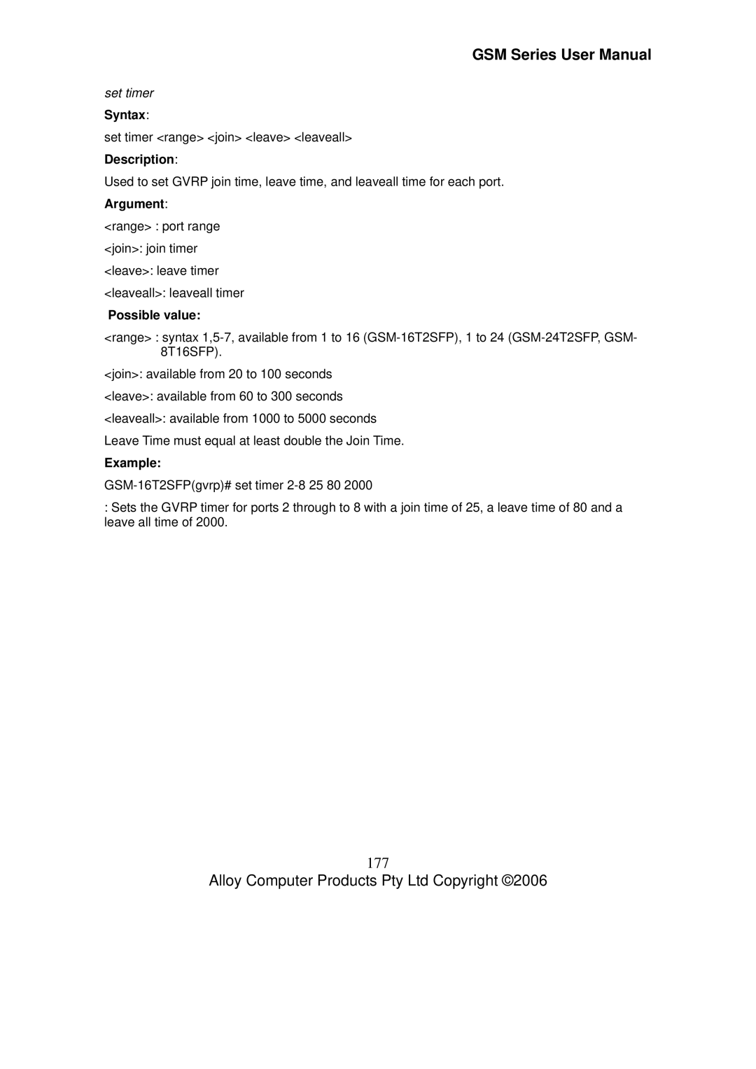 Alloy Computer Products GSM-8T16SFP, GSM-24T2SFP, GSM-16T2SFP user manual 177, Set timer Syntax 
