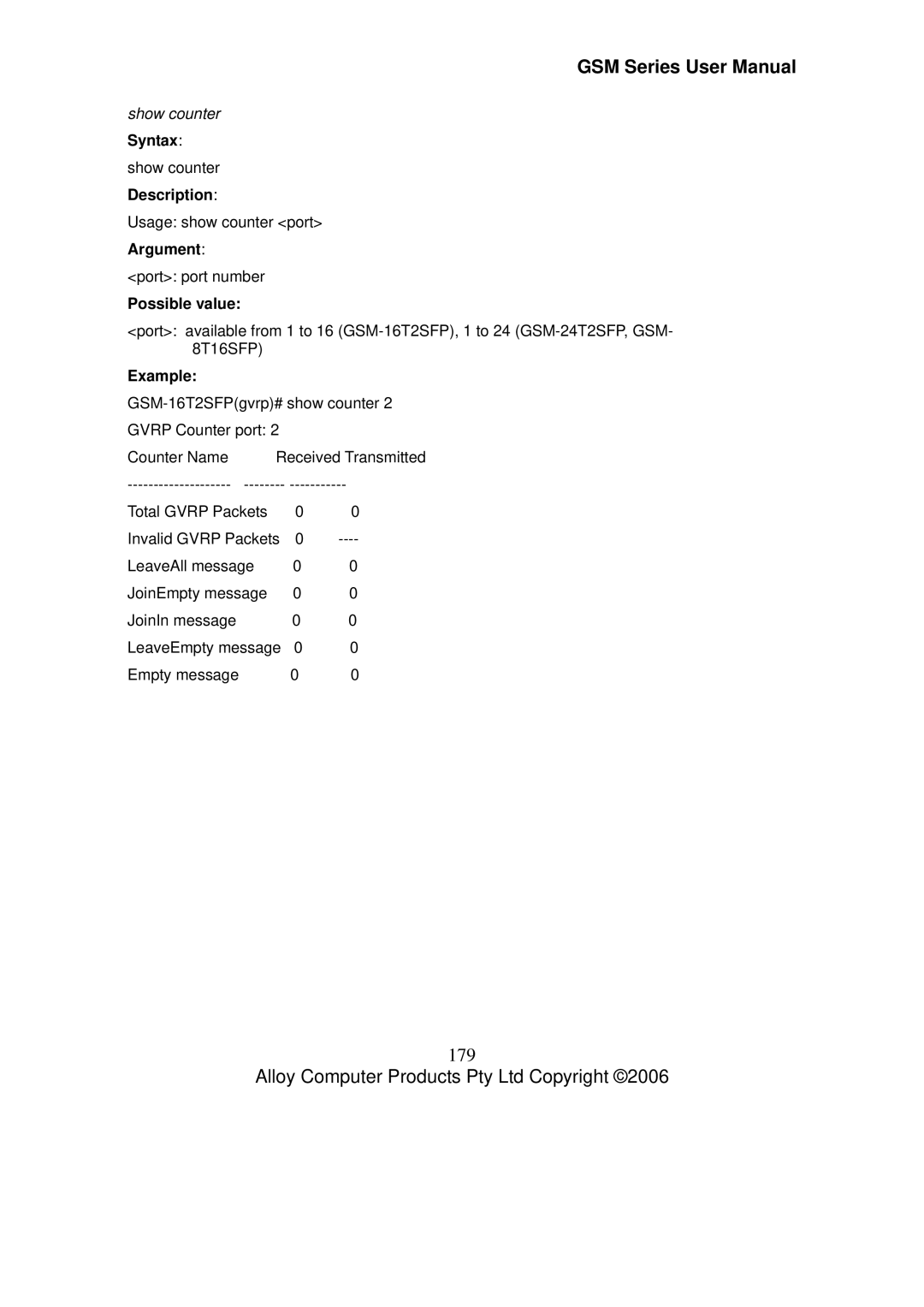 Alloy Computer Products GSM-24T2SFP, GSM-8T16SFP, GSM-16T2SFP user manual 179, Show counter Syntax show counter Description 