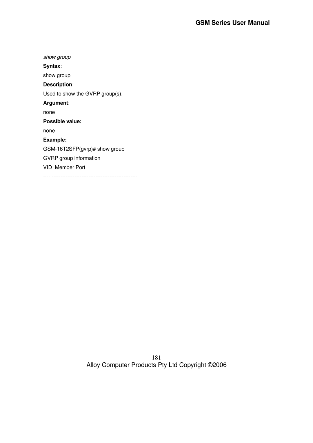 Alloy Computer Products GSM-16T2SFP, GSM-24T2SFP, GSM-8T16SFP user manual 181, Show group 