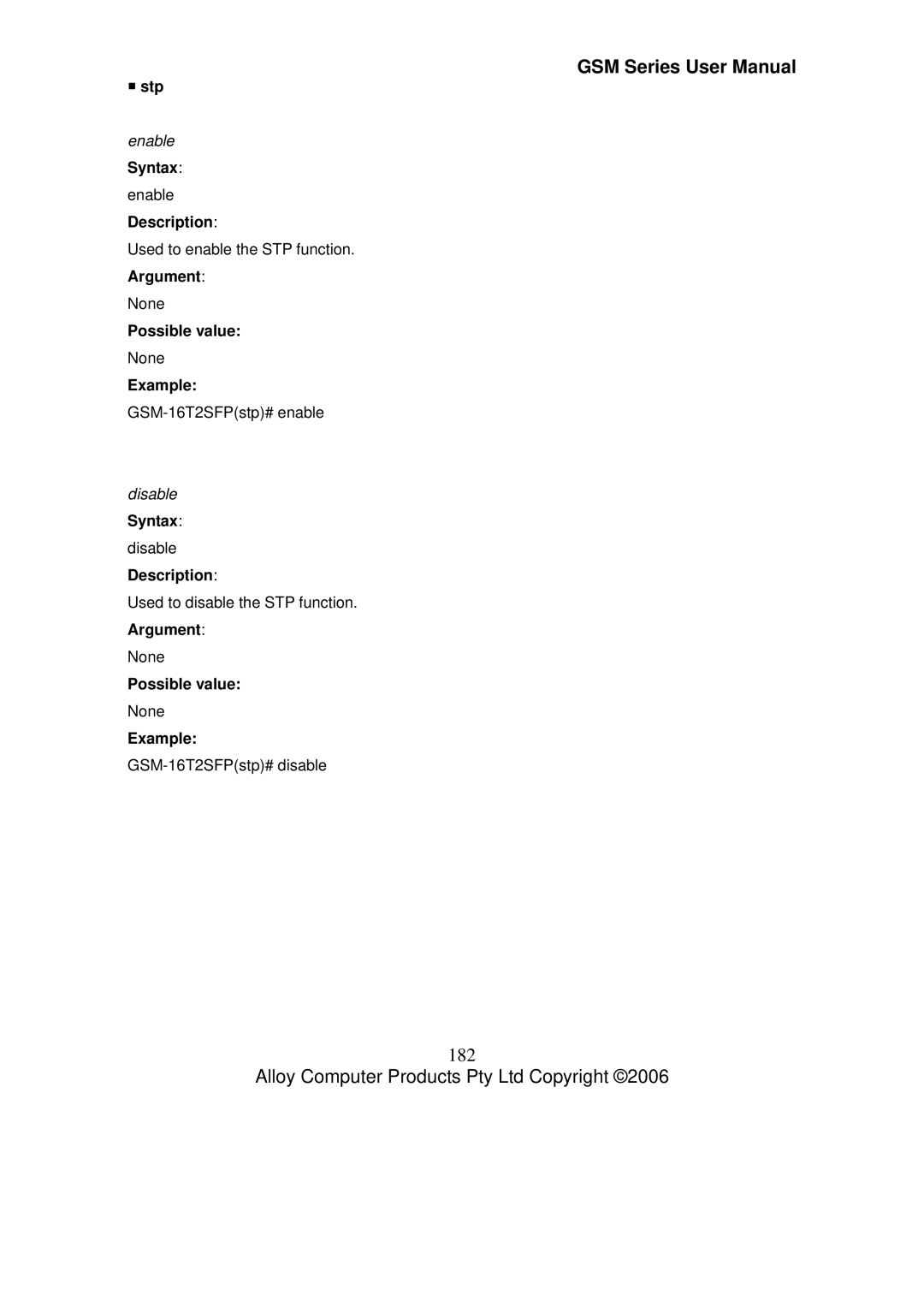 Alloy Computer Products GSM-24T2SFP, GSM-8T16SFP, GSM-16T2SFP user manual 182, ƒ stp 