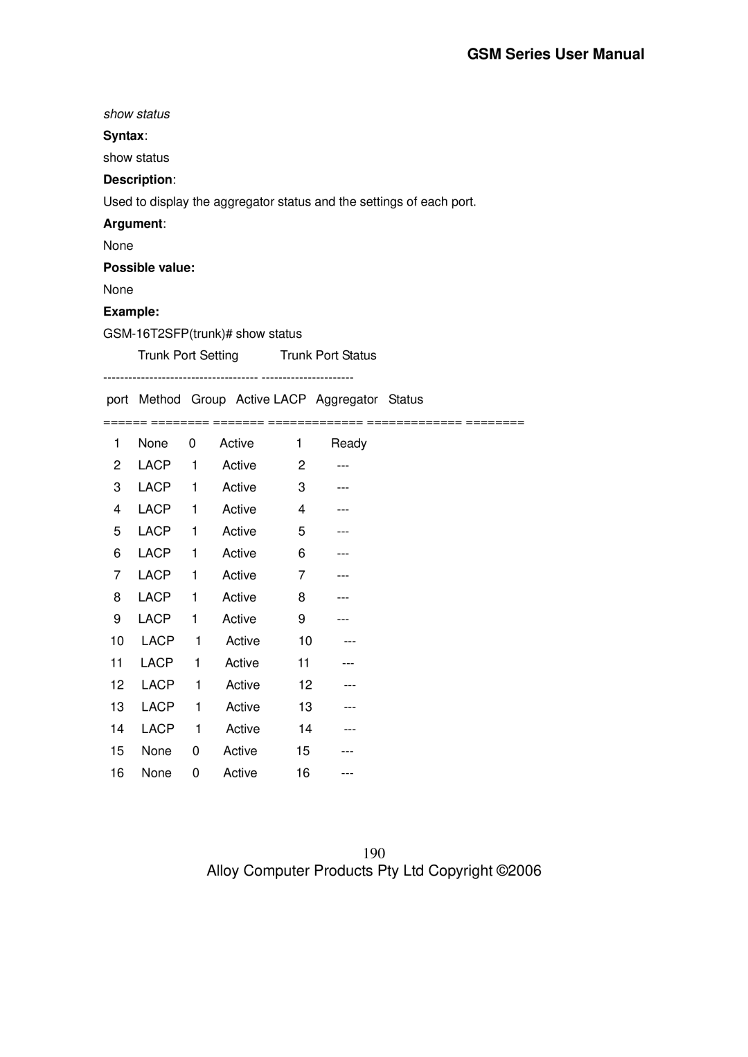 Alloy Computer Products GSM-16T2SFP, GSM-24T2SFP, GSM-8T16SFP user manual 190, Show status 