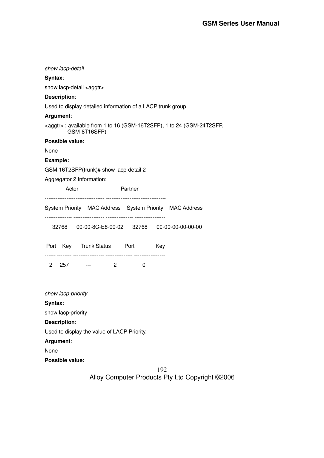 Alloy Computer Products GSM-8T16SFP, GSM-24T2SFP, GSM-16T2SFP 192, Show lacp-detail Syntax, Show lacp-priority Syntax 