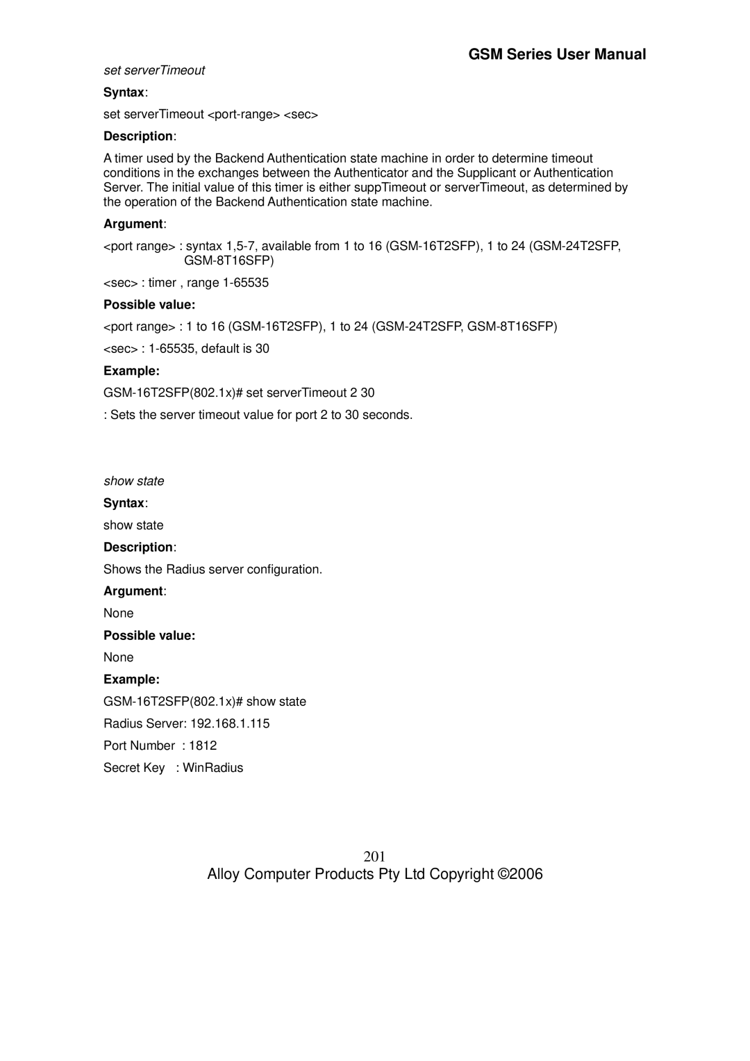 Alloy Computer Products GSM-8T16SFP, GSM-24T2SFP, GSM-16T2SFP user manual 201, Set serverTimeout, Show state 