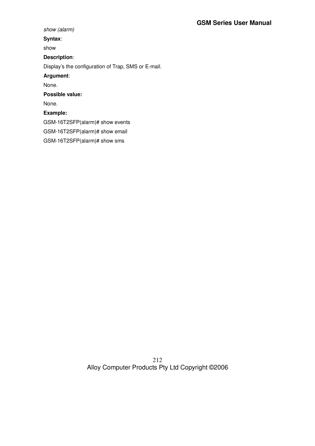 Alloy Computer Products GSM-24T2SFP, GSM-8T16SFP, GSM-16T2SFP user manual 212, Show alarm 