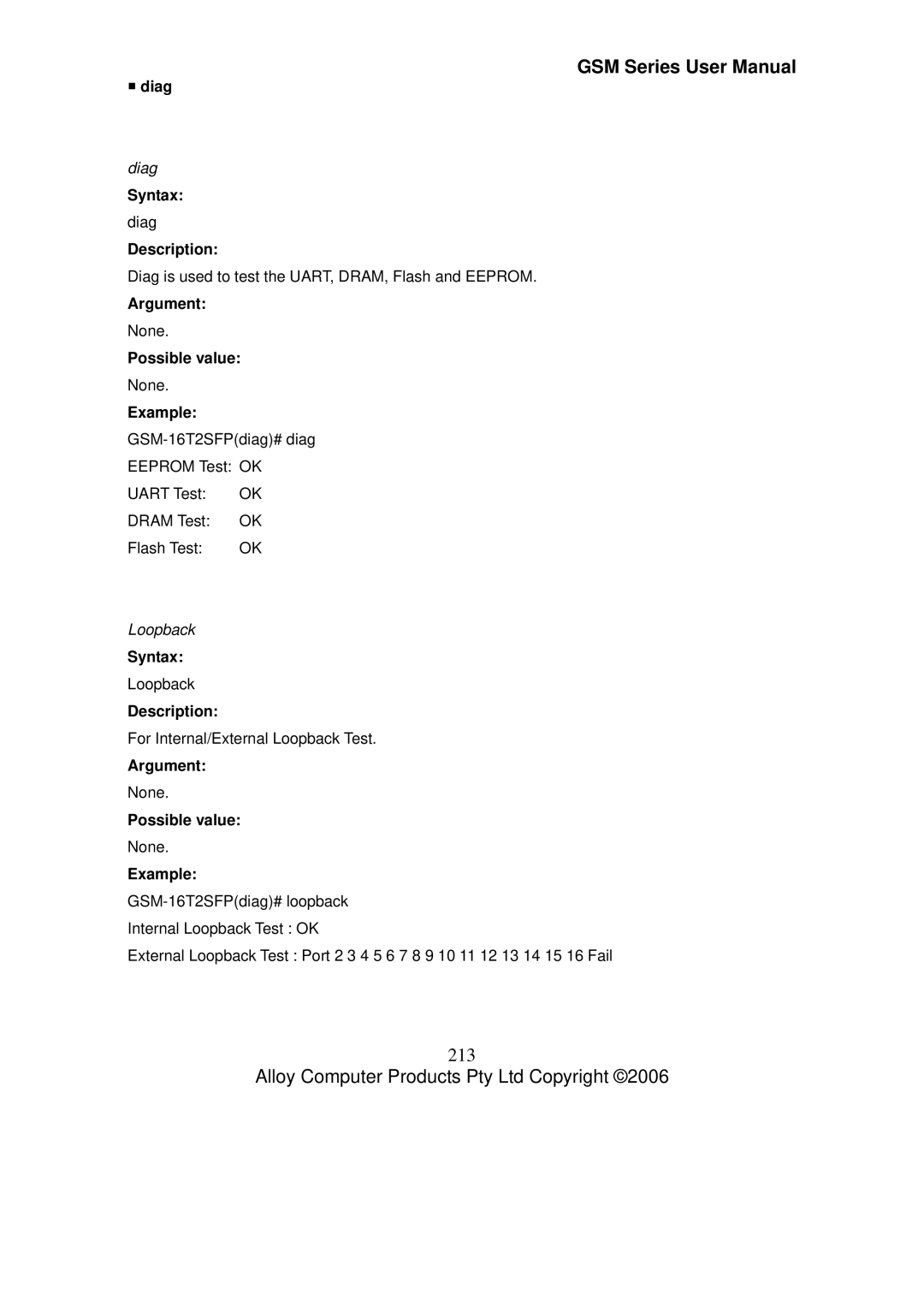 Alloy Computer Products GSM-8T16SFP, GSM-24T2SFP, GSM-16T2SFP user manual 213, ƒ diag, Diag, Loopback 