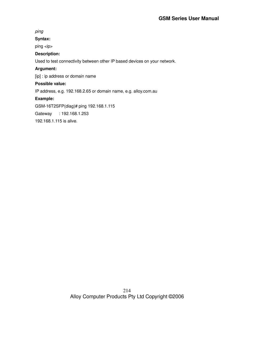 Alloy Computer Products GSM-16T2SFP, GSM-24T2SFP, GSM-8T16SFP user manual 214, Ping 