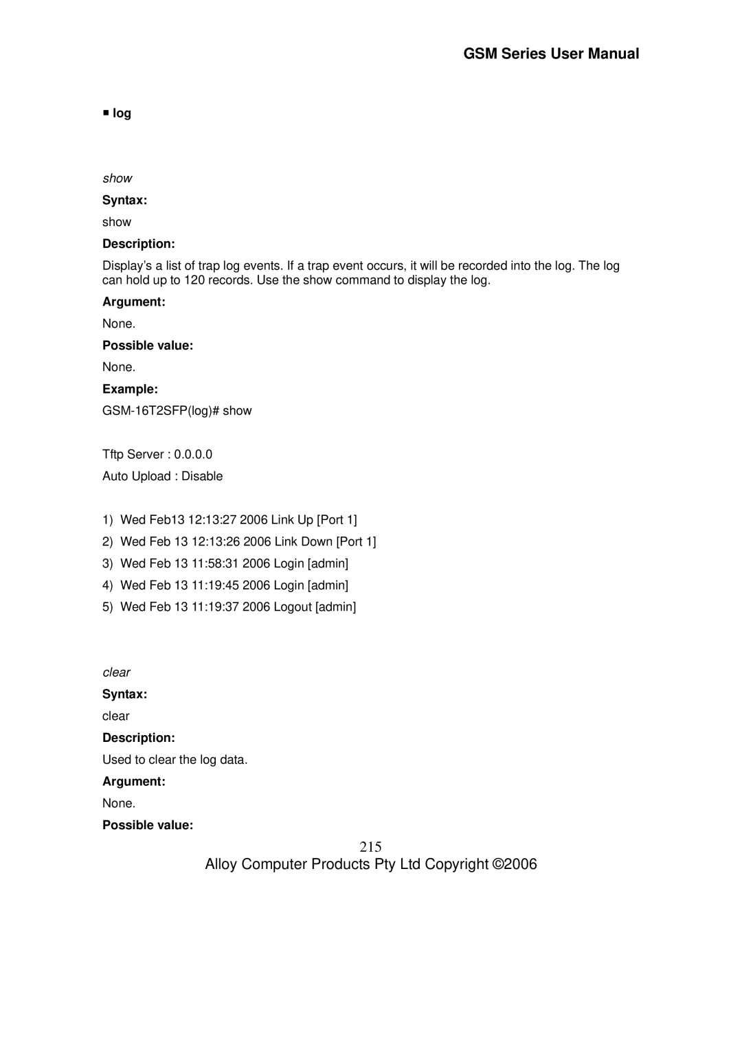 Alloy Computer Products GSM-24T2SFP, GSM-8T16SFP, GSM-16T2SFP user manual 215, ƒ log, Clear 