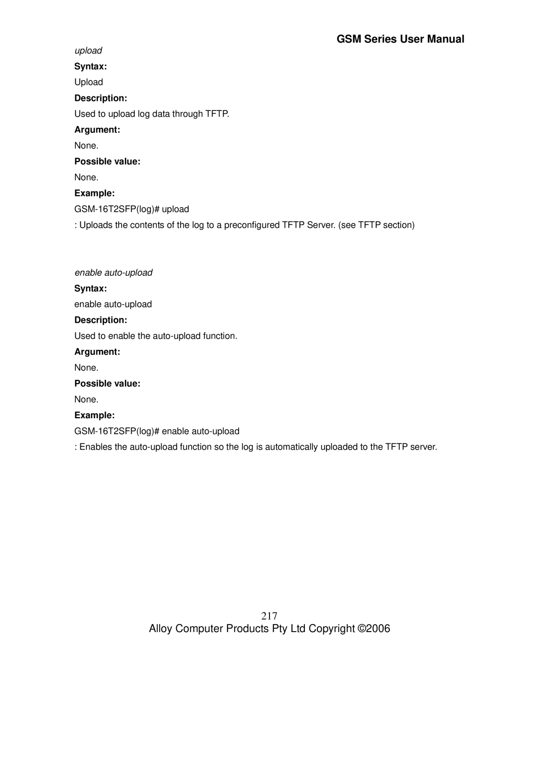 Alloy Computer Products GSM-16T2SFP, GSM-24T2SFP, GSM-8T16SFP user manual 217, Upload, Enable auto-upload 