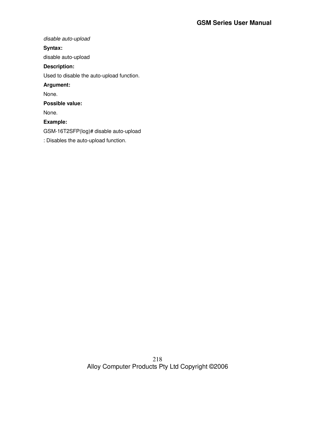 Alloy Computer Products GSM-24T2SFP, GSM-8T16SFP, GSM-16T2SFP user manual 218, Disable auto-upload 
