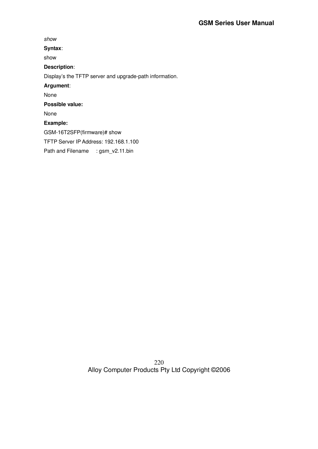 Alloy Computer Products GSM-16T2SFP, GSM-24T2SFP, GSM-8T16SFP user manual 220, Show 