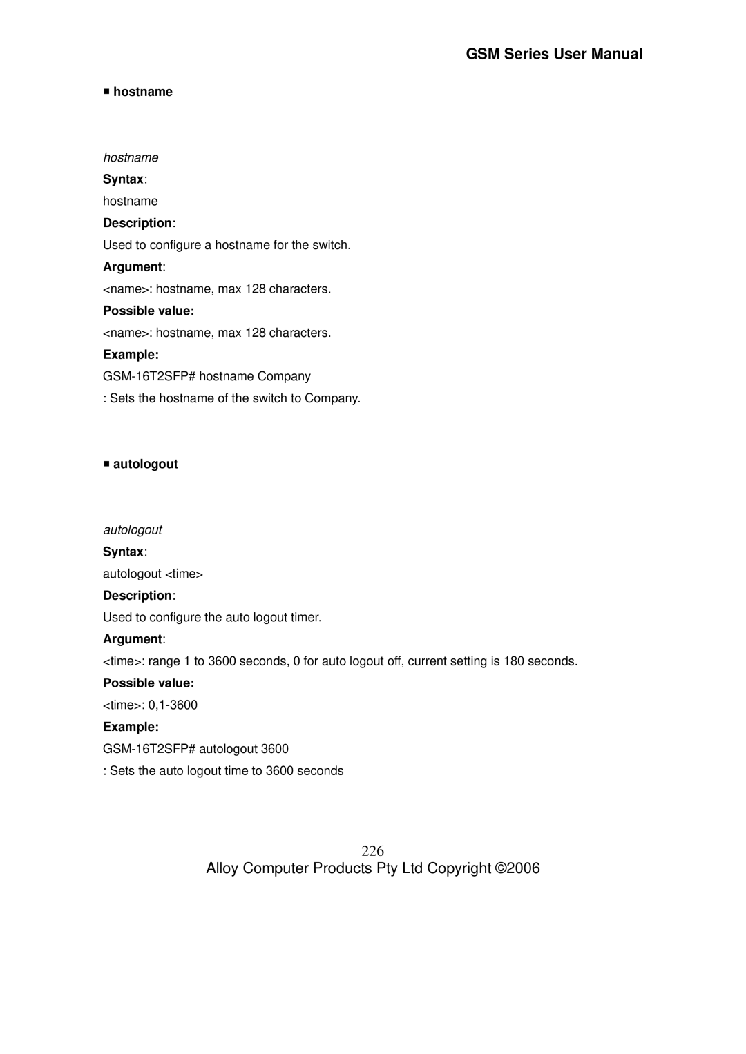 Alloy Computer Products GSM-16T2SFP, GSM-24T2SFP, GSM-8T16SFP user manual 226, ƒ hostname, Hostname, ƒ autologout, Autologout 