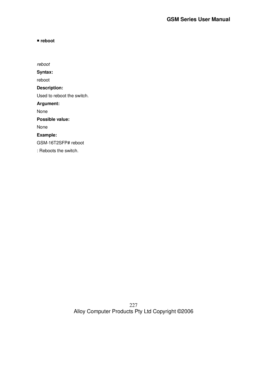 Alloy Computer Products GSM-24T2SFP, GSM-8T16SFP, GSM-16T2SFP user manual 227, ƒ reboot, Reboot 