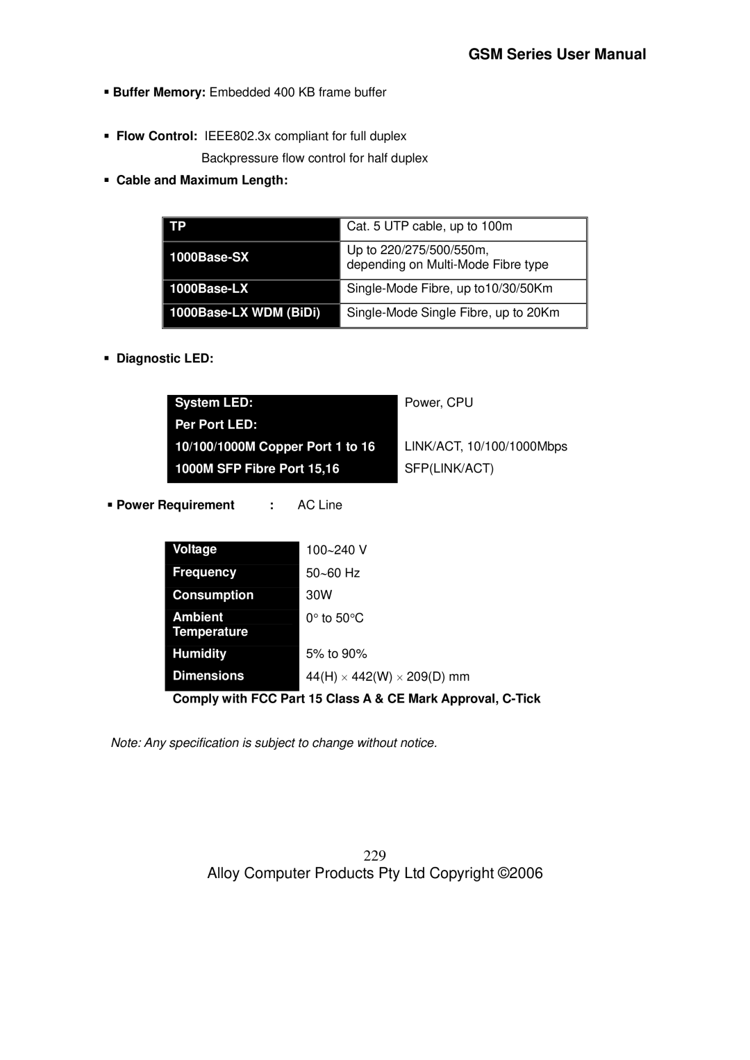 Alloy Computer Products GSM-16T2SFP, GSM-24T2SFP 229, ƒ Cable and Maximum Length, ƒ Diagnostic LED, ƒ Power Requirement 