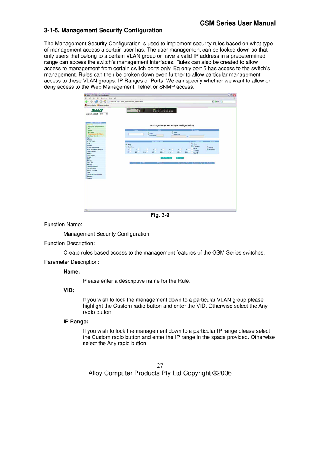 Alloy Computer Products GSM-8T16SFP, GSM-24T2SFP, GSM-16T2SFP user manual Management Security Configuration, Name, IP Range 
