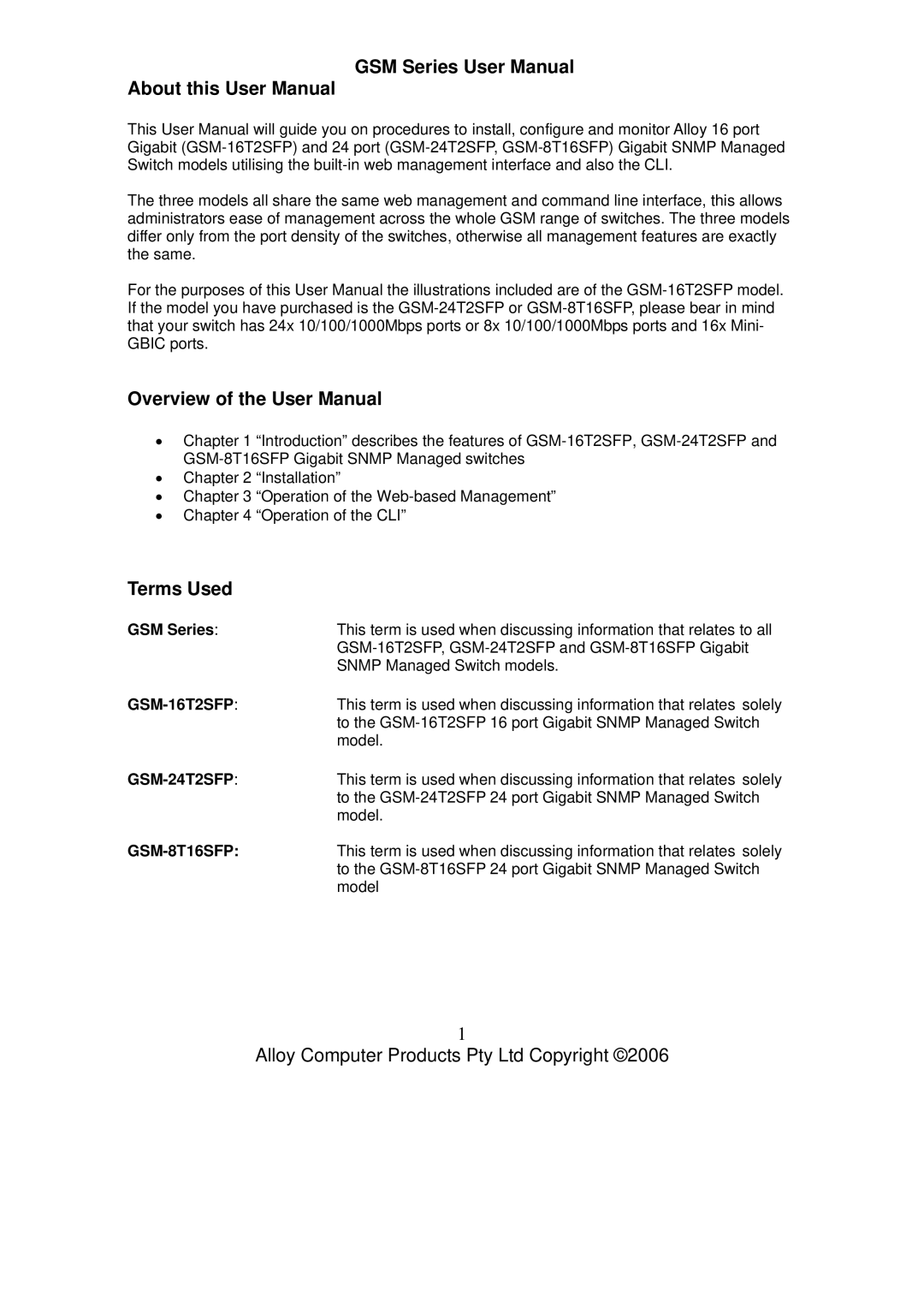 Alloy Computer Products GSM-16T2SFP, GSM-24T2SFP, GSM-8T16SFP user manual Terms Used, GSM Series 