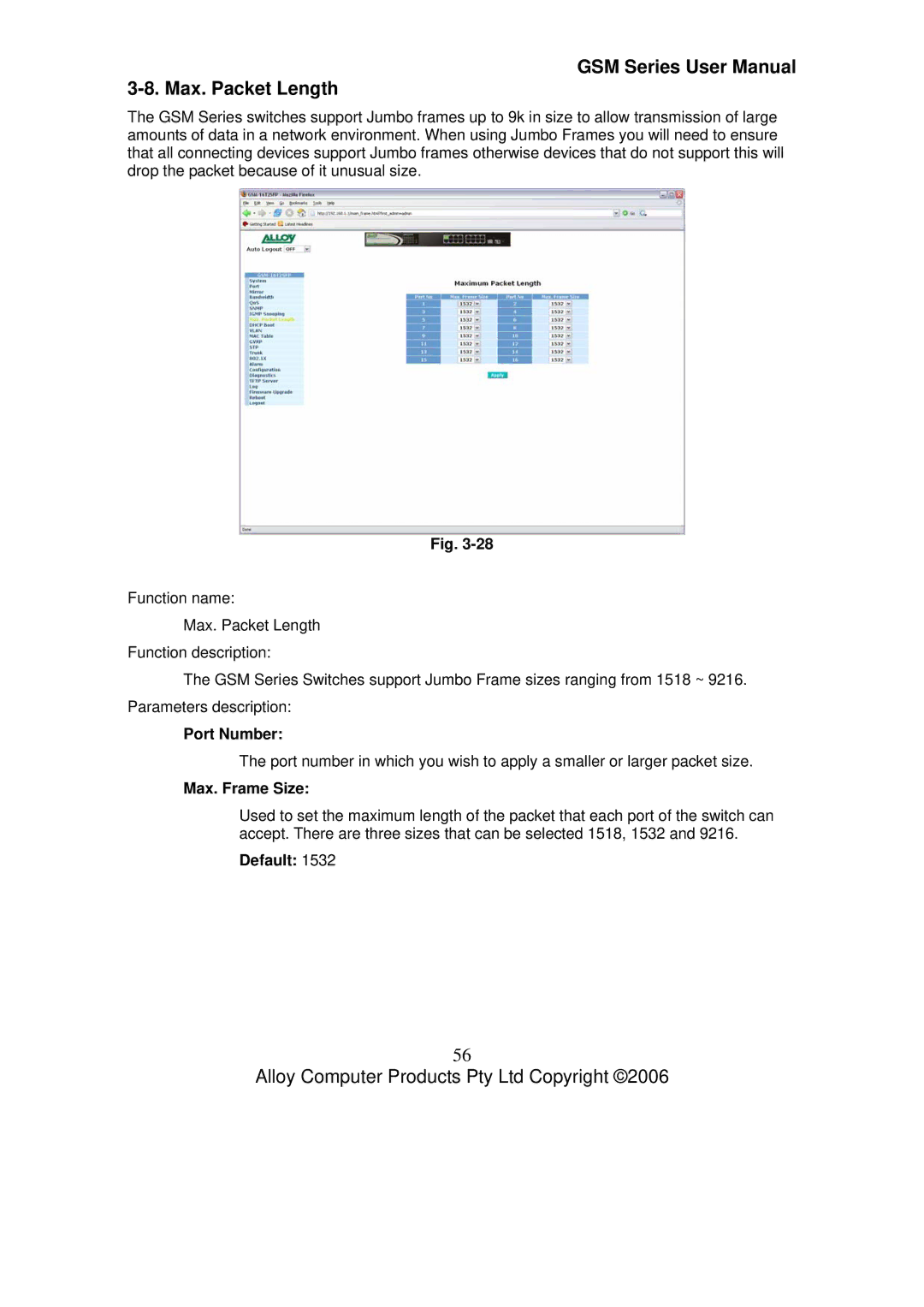 Alloy Computer Products GSM-24T2SFP, GSM-8T16SFP, GSM-16T2SFP user manual Max. Packet Length, Max. Frame Size 