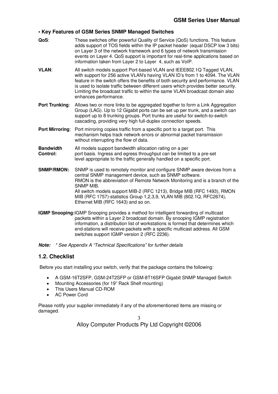 Alloy Computer Products GSM-8T16SFP, GSM-24T2SFP, GSM-16T2SFP Checklist, Key Features of GSM Series Snmp Managed Switches 