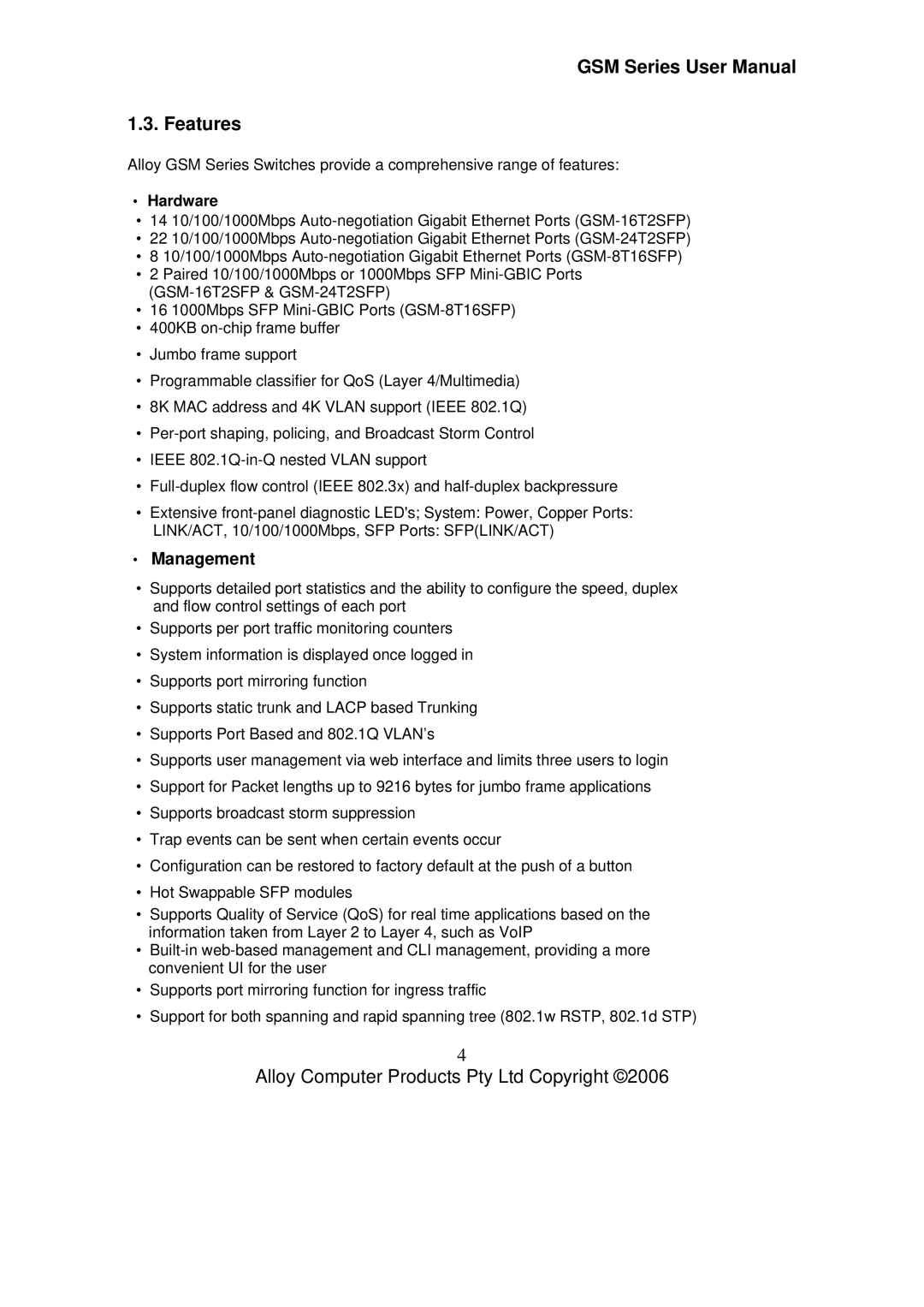 Alloy Computer Products GSM-16T2SFP, GSM-24T2SFP, GSM-8T16SFP user manual Features, Management, Hardware 