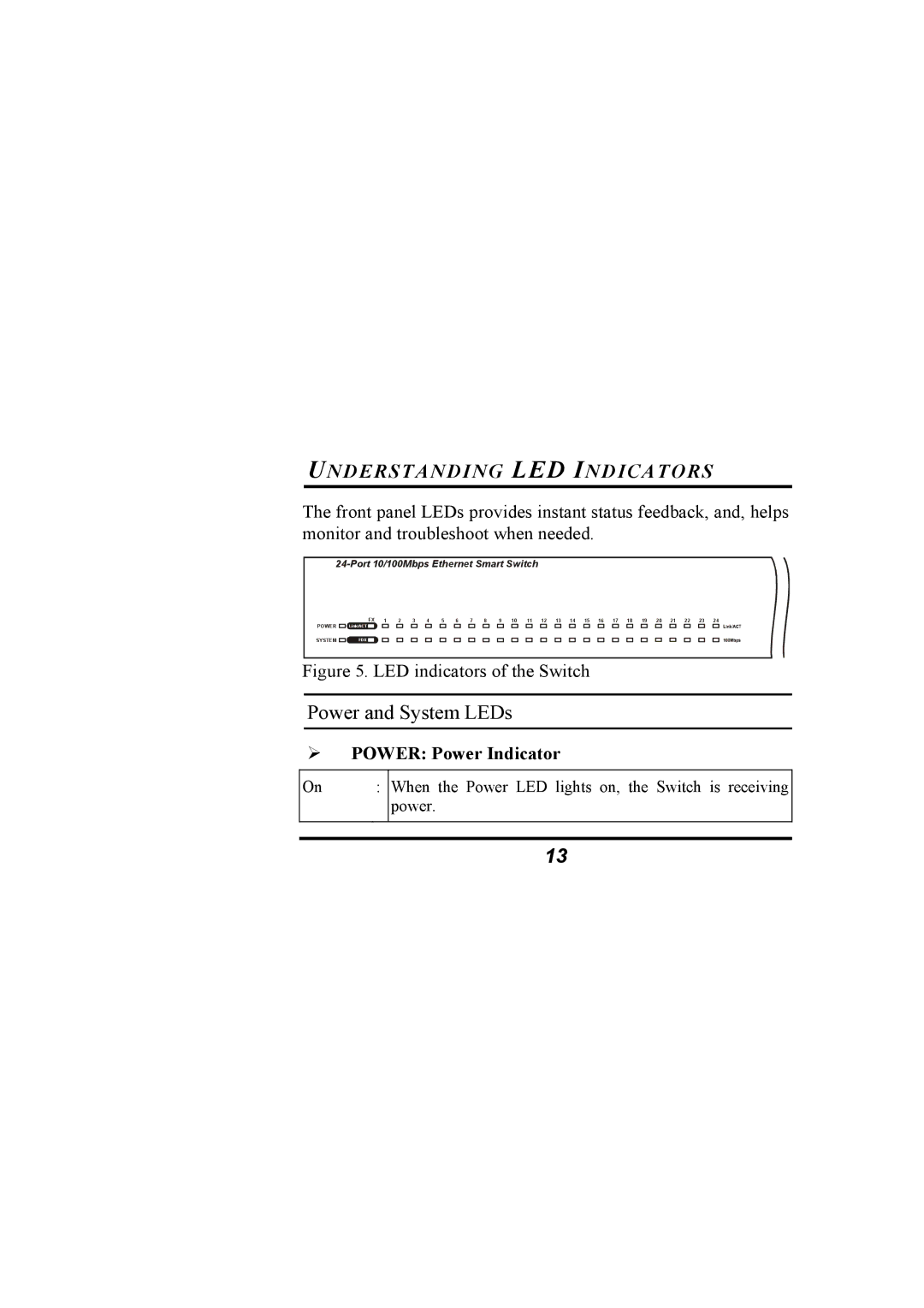 Alloy Computer Products NS-24T01FS manual Power and System LEDs, Understanding LED Indicators, ¾ Power Power Indicator 