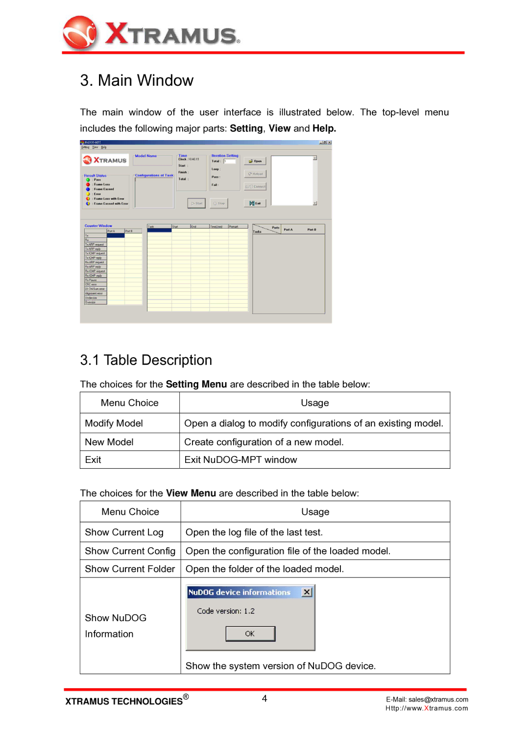 Alloy Computer Products NuDOG-MPT user manual Main Window, Table Description 