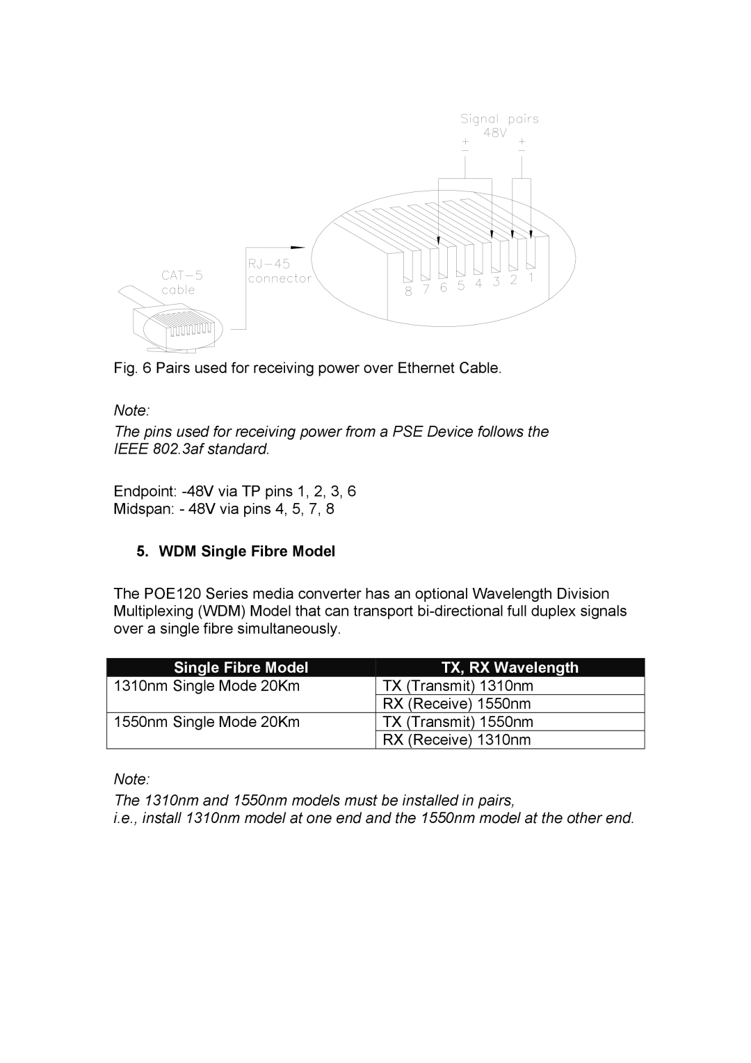 Alloy Computer Products POE120 Series manual Pairs used for receiving power over Ethernet Cable, WDM Single Fibre Model 