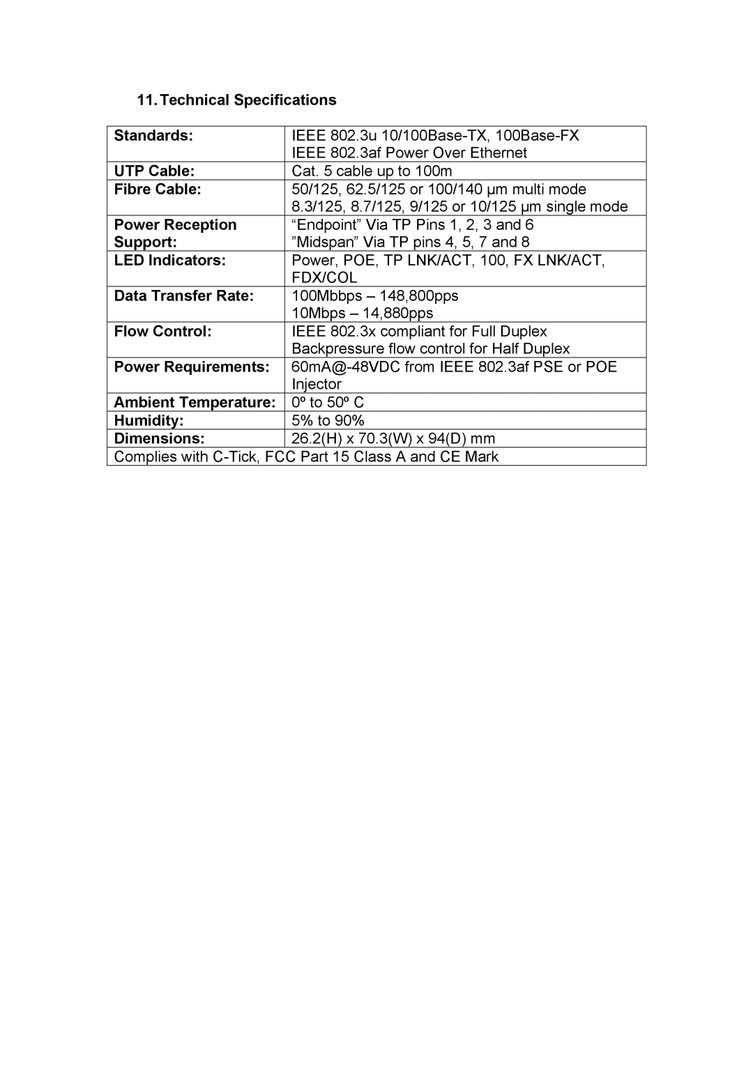 Alloy Computer Products POE120 Series Technical Specifications Standards, UTP Cable, Fibre Cable, Power Reception, Support 