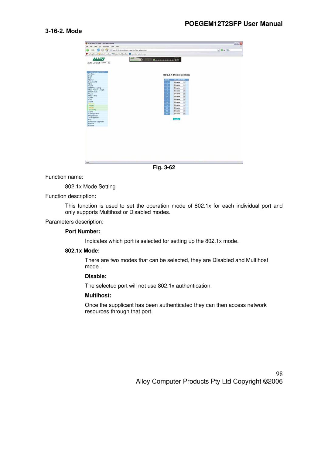 Alloy Computer Products POEGEM12T2SFP user manual 802.1x Mode, Multihost 