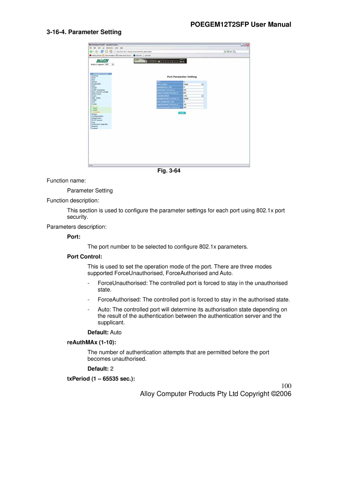 Alloy Computer Products POEGEM12T2SFP user manual 100, Parameter Setting, Port Control, Default Auto ReAuthMAx 