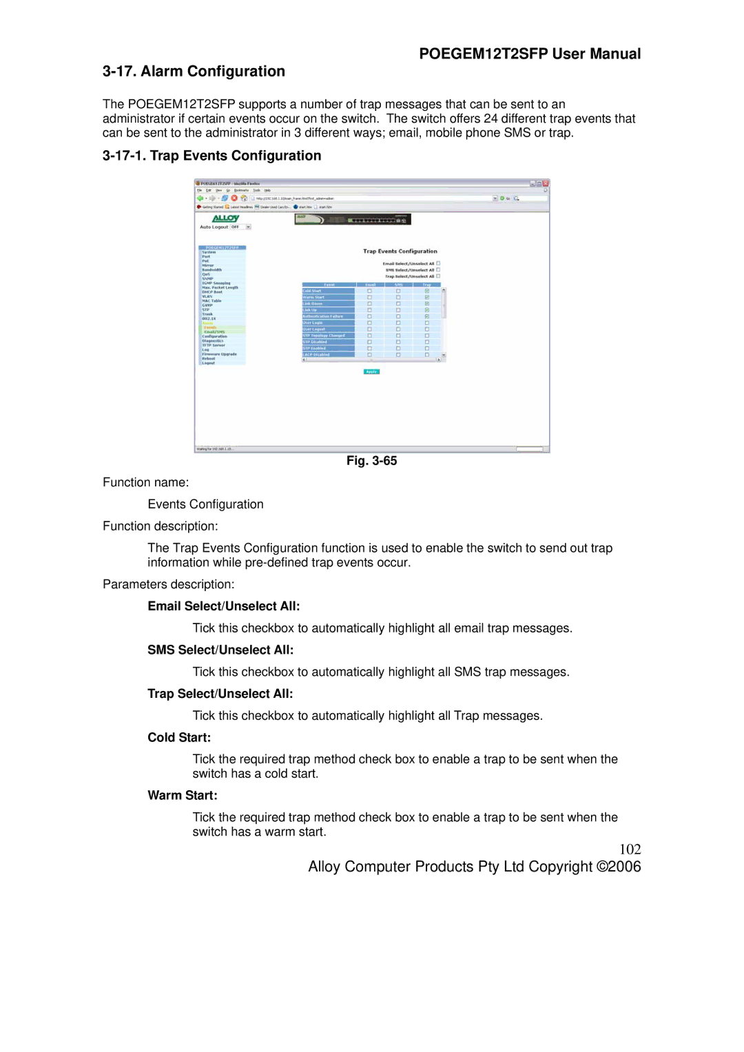 Alloy Computer Products POEGEM12T2SFP user manual Alarm Configuration, 102, Trap Events Configuration 