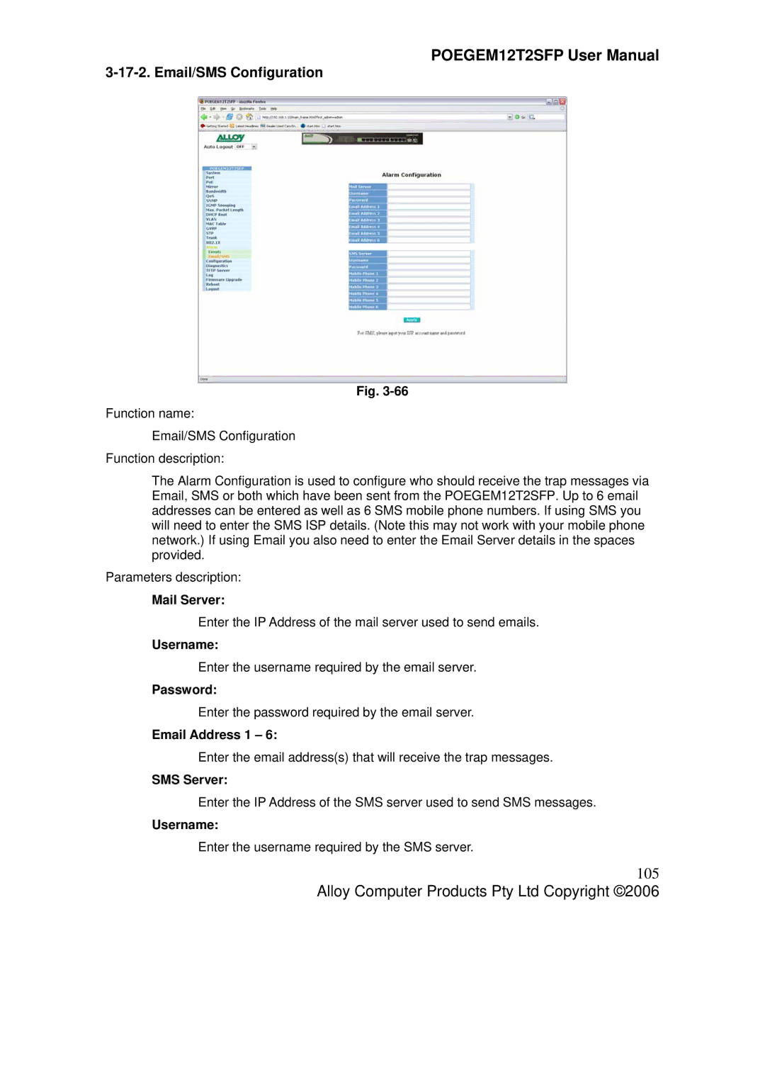 Alloy Computer Products POEGEM12T2SFP user manual 105, Email/SMS Configuration, Mail Server, Email Address 1, SMS Server 