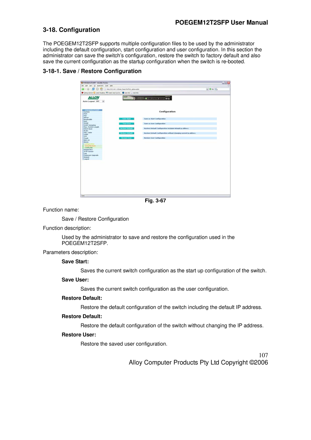 Alloy Computer Products POEGEM12T2SFP user manual 107, Save / Restore Configuration 