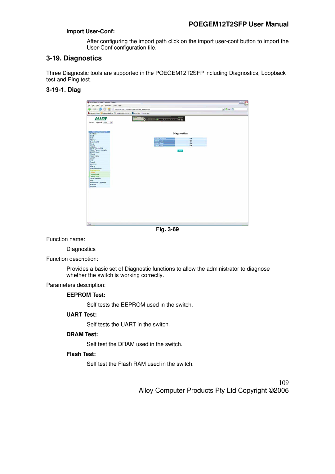 Alloy Computer Products POEGEM12T2SFP user manual Diagnostics, 109 