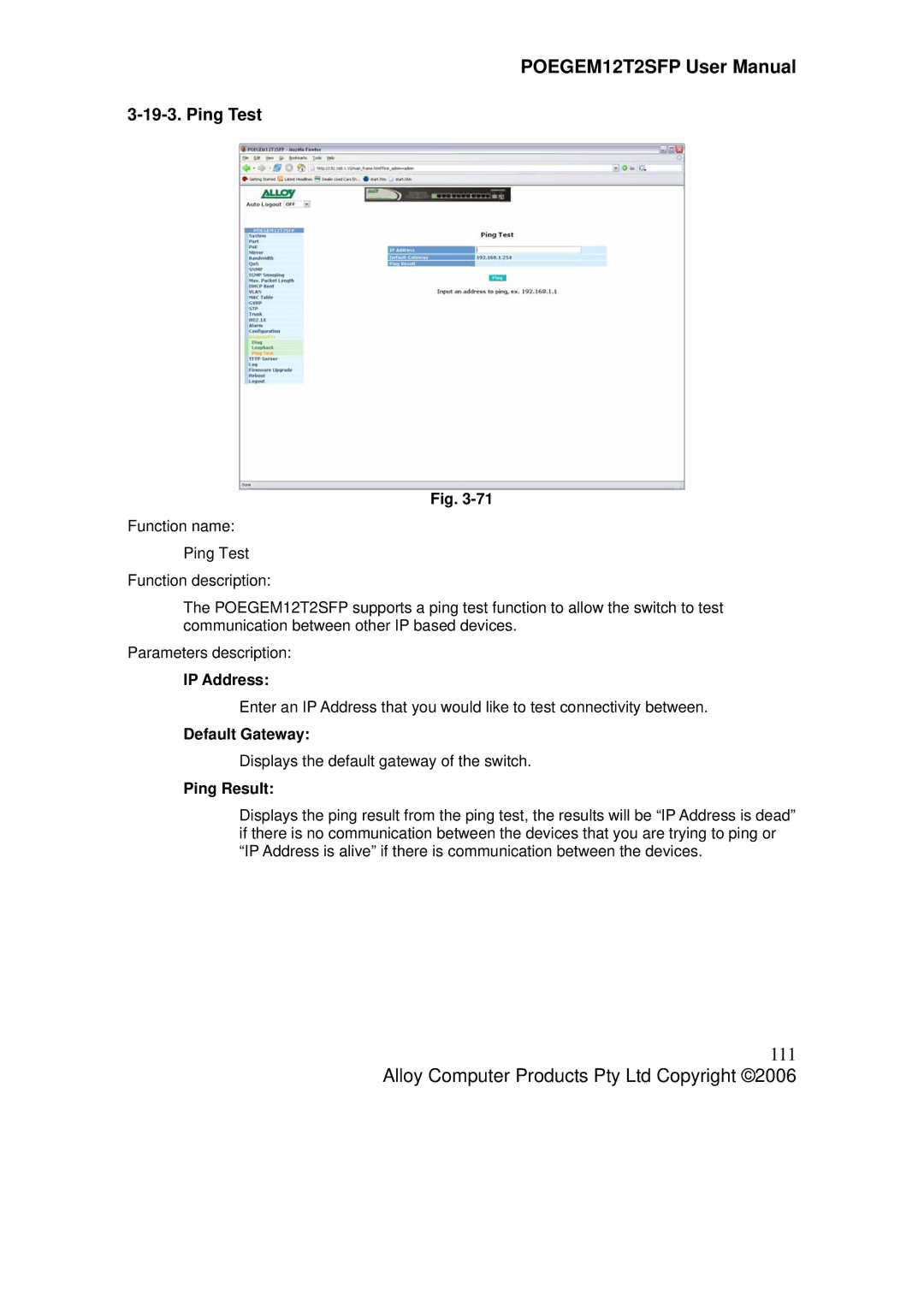 Alloy Computer Products POEGEM12T2SFP user manual 111, Ping Test, Ping Result 