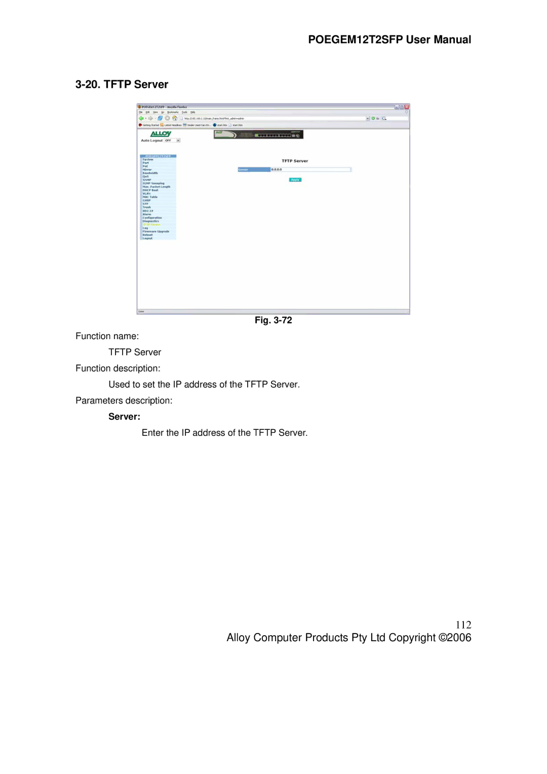 Alloy Computer Products POEGEM12T2SFP user manual Tftp Server, 112 