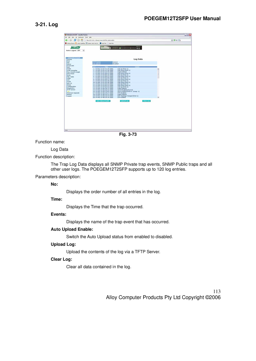 Alloy Computer Products POEGEM12T2SFP user manual Log, 113 