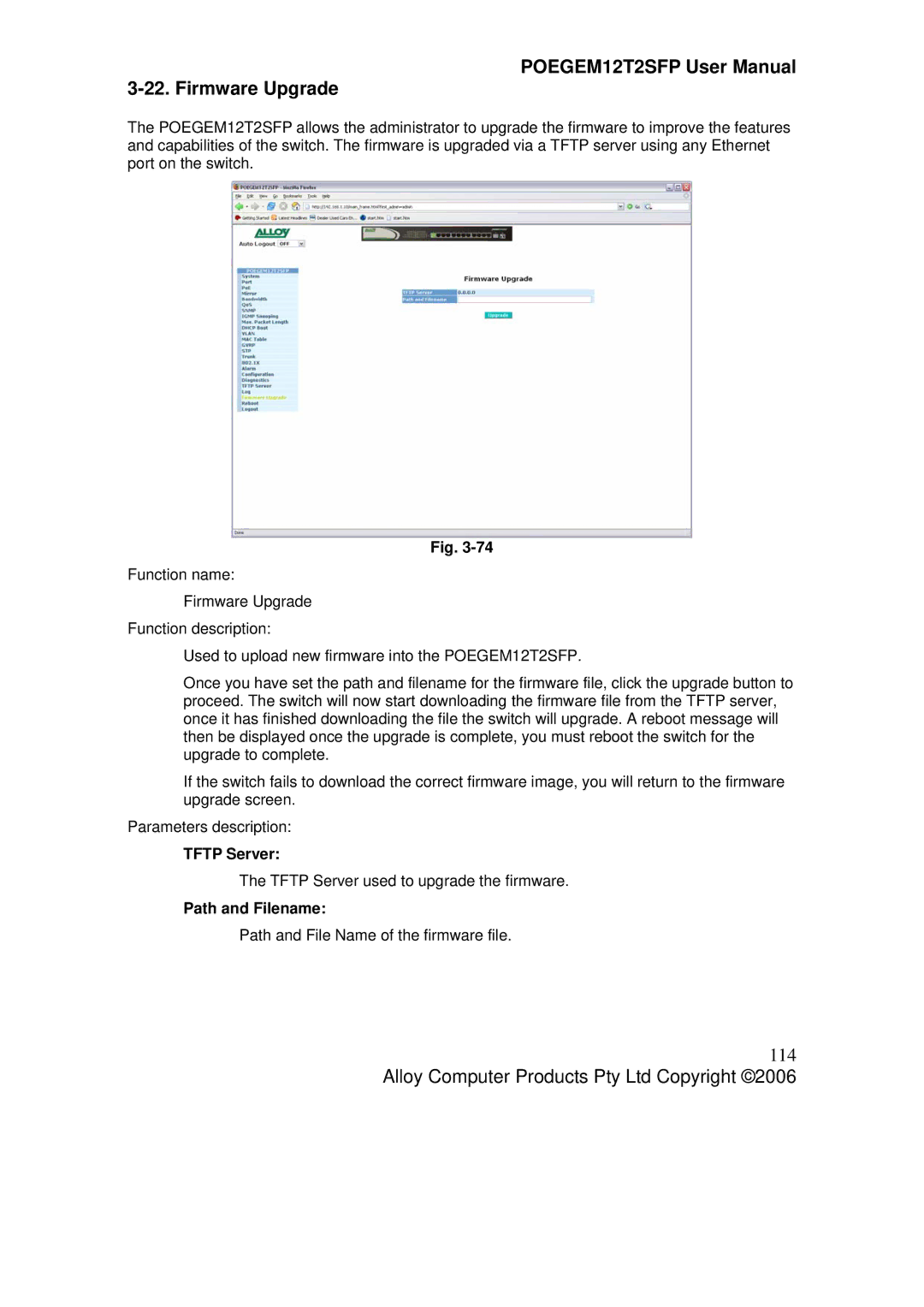 Alloy Computer Products POEGEM12T2SFP user manual Firmware Upgrade, 114, Path and Filename 