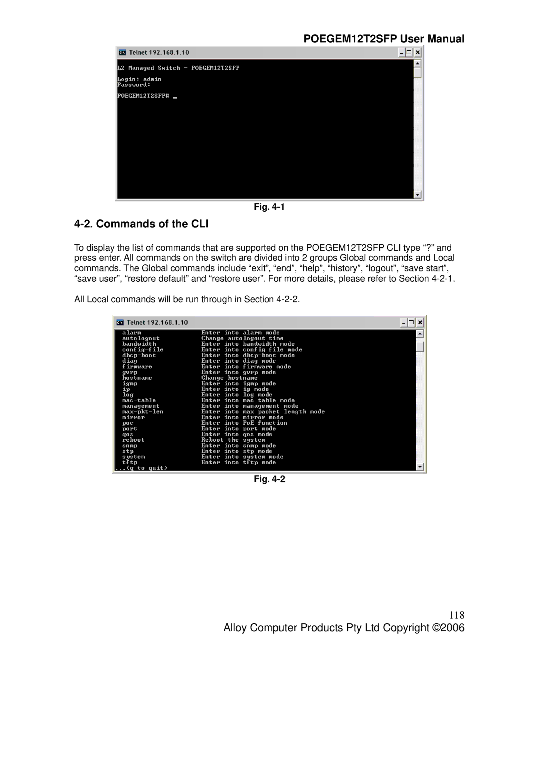 Alloy Computer Products POEGEM12T2SFP user manual Commands of the CLI, 118 