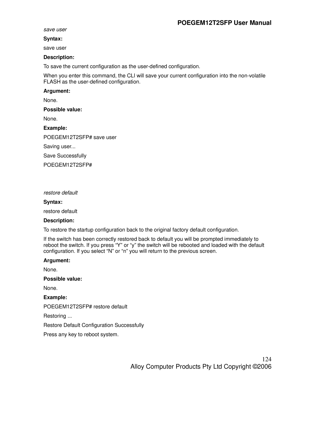 Alloy Computer Products POEGEM12T2SFP user manual 124, Save user, Restore default 