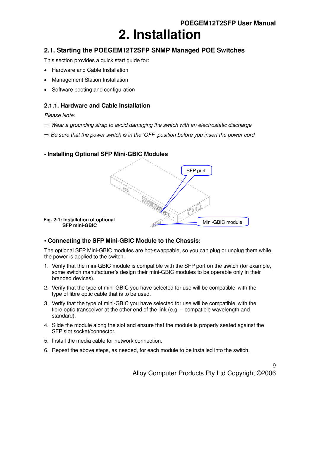 Alloy Computer Products Starting the POEGEM12T2SFP Snmp Managed POE Switches, Hardware and Cable Installation 