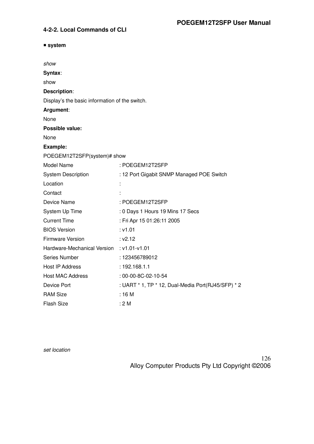 Alloy Computer Products POEGEM12T2SFP user manual 126, Local Commands of CLI, ƒ system, Show, Set location 