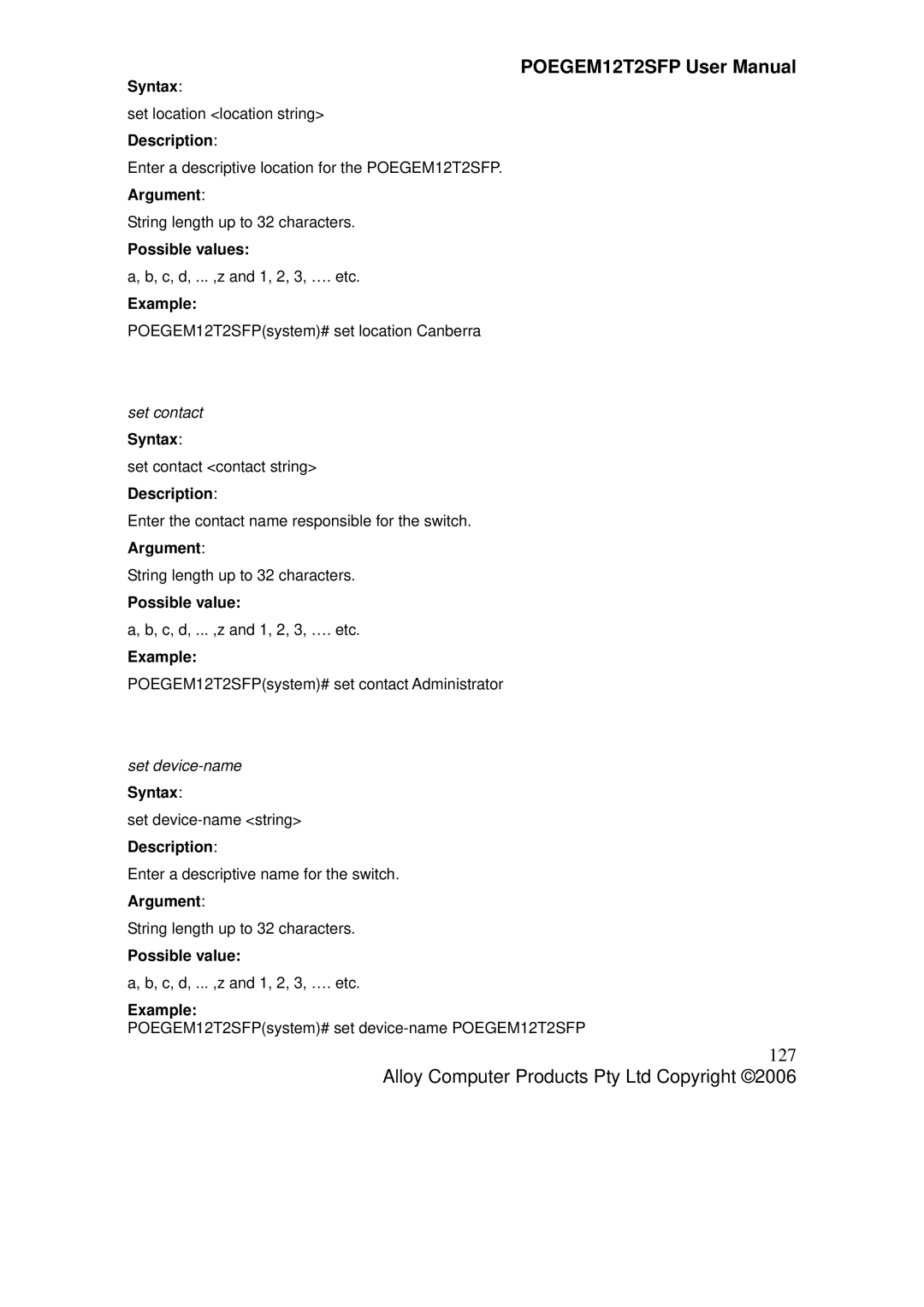 Alloy Computer Products POEGEM12T2SFP user manual 127, Possible values, Set contact Syntax, Set device-name Syntax 