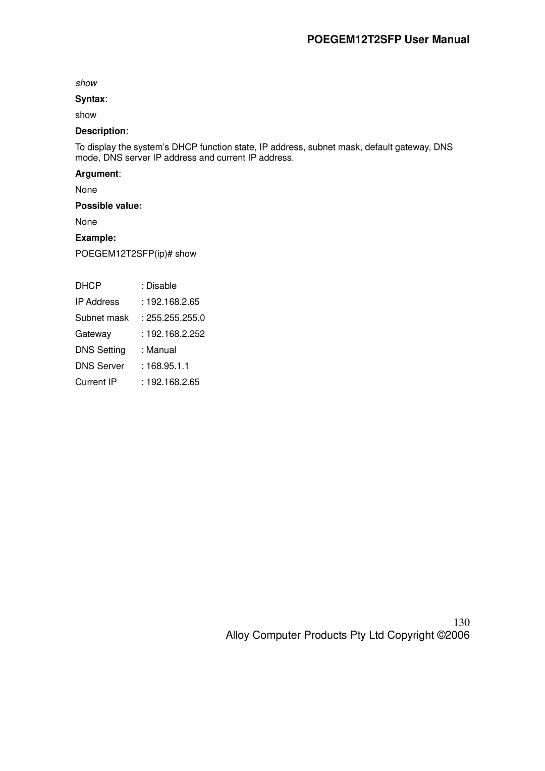 Alloy Computer Products POEGEM12T2SFP user manual 130, Dhcp 