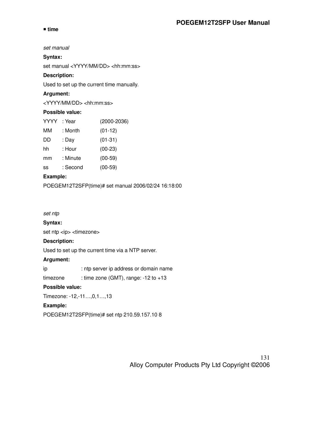 Alloy Computer Products POEGEM12T2SFP user manual 131, ƒ time, Set manual, Set ntp 