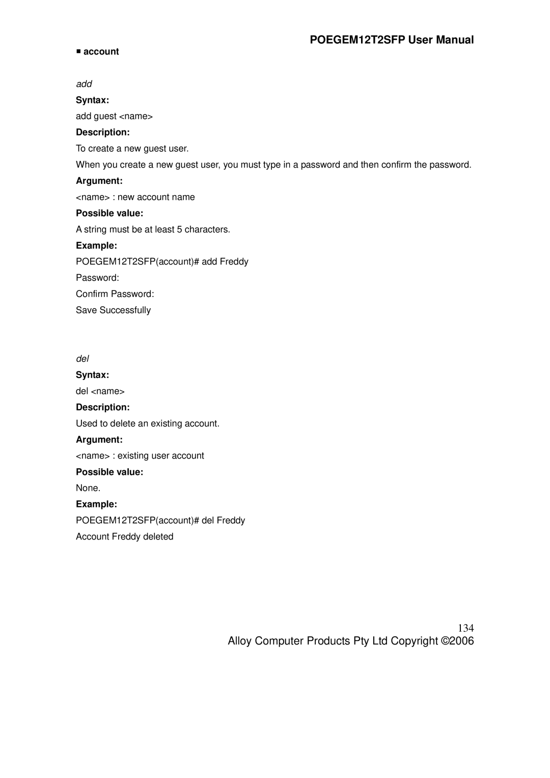 Alloy Computer Products POEGEM12T2SFP user manual 134, ƒ account, Add, Del 