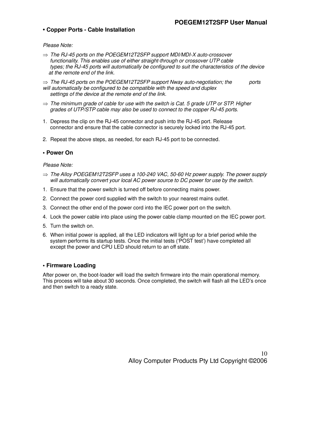 Alloy Computer Products POEGEM12T2SFP user manual Copper Ports Cable Installation, Power On, Firmware Loading 