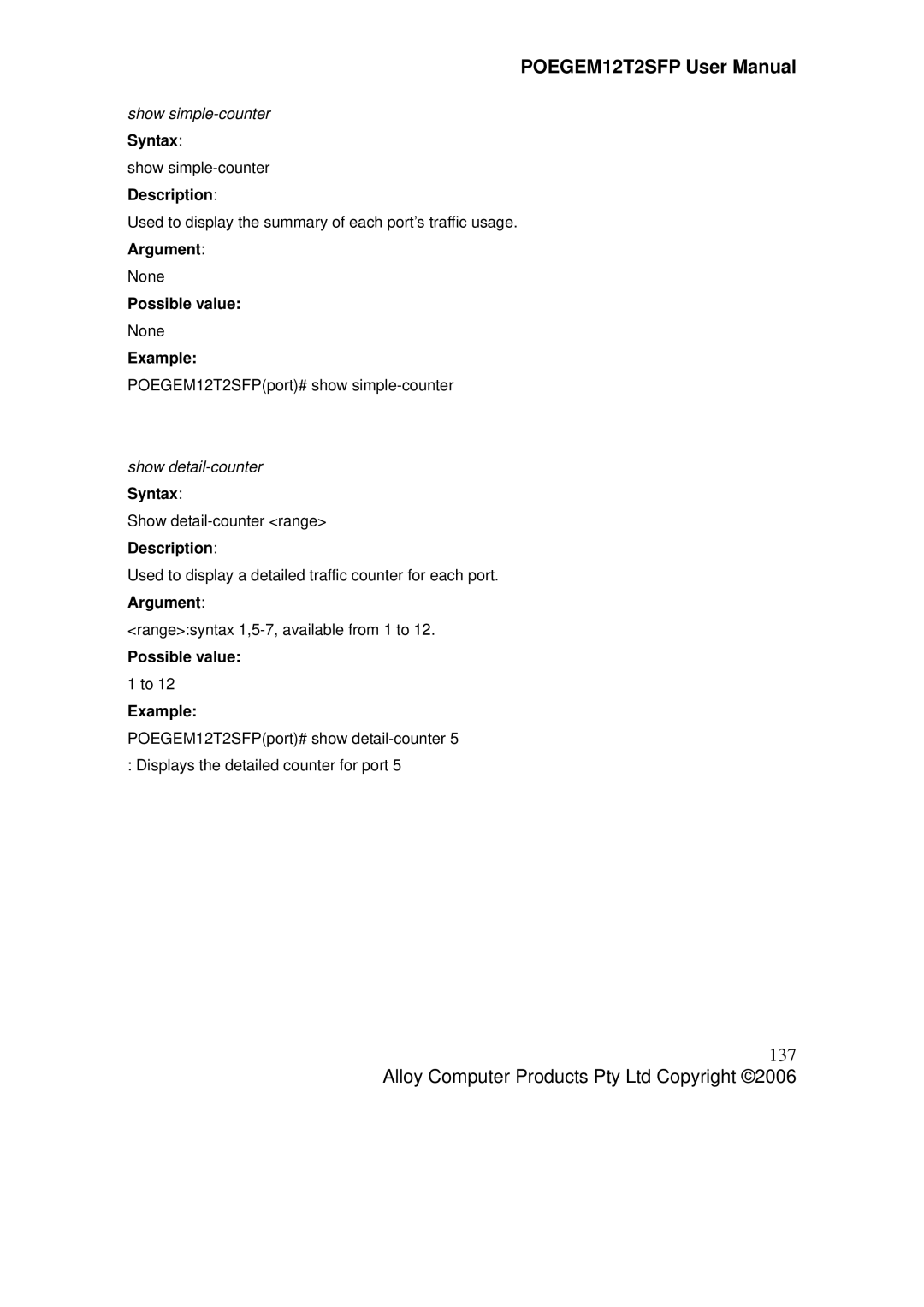 Alloy Computer Products POEGEM12T2SFP 137, Show simple-counter, Show detail-counter Syntax, Possible value Example 